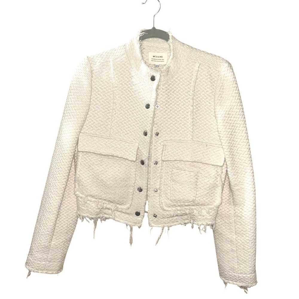 McGuire Denim Cream Tweed Cropped Jacket Frayed Hem Off White XS